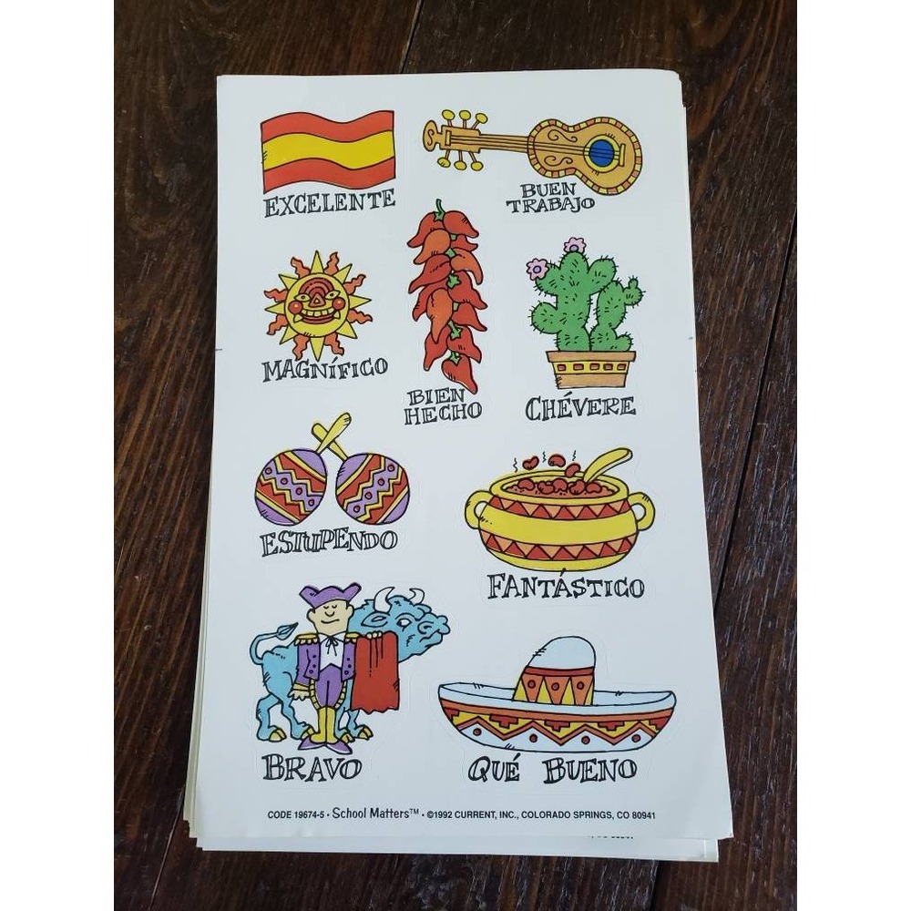 Twelve (12) Sheets Spanish Stickers‎ 1994 School Matters Current Cactus Pepper